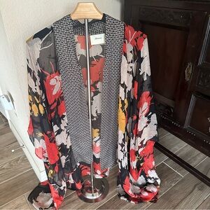 Elevenses by Anthropology Floral Sheer Overlay/Kimono 100% silk